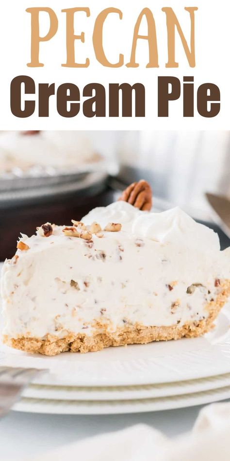 This pecan cream pie is a fun change from the traditional pecan pie. With a light and decadent whipped creamy filling, this no bake dessert is sure to be a favorite for the holidays! Pecan Chiffon Pie, No Bake Pecan Cream Pie, Whipped Pecan Pie, Pecan Cream Pie Recipe 12 Tomatoes, Caramel Pecan Delight Pie, Pecan Cream Pie 12 Tomatoes, Pecan Fluff Pie, Pecan Creme Pie, Cool Whip Pie Recipes