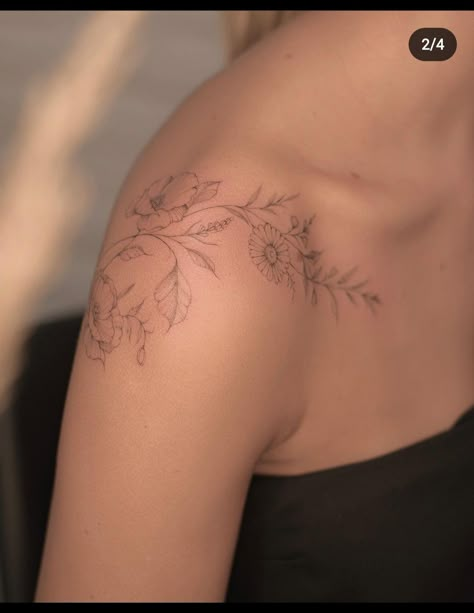 Delicate Flower Shoulder Tattoo, Floral Tattoo Collar Bone, Dainty Floral Back Tattoo, Dainty Botanical Tattoo, Elegant Shoulder Tattoo, Flowers And Sun Tattoo, Poppy Shoulder Tattoo, Fine Line Shoulder Tattoos For Women, Flowers On Shoulder Tattoo