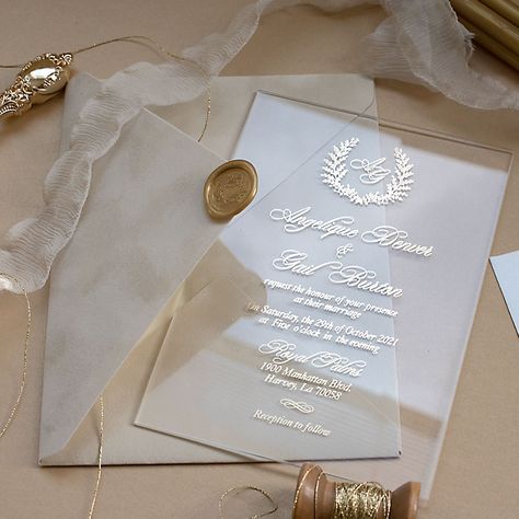 These clear glass wedding invitations accompanied with gorgeous beige velvet envelopes give the design a classic, but ultimately unique appeal that most brides are seeking for. The wording will be printed onto the clear surface of acrylic glass in gold foil. The velvet envelopes are embellished with gold wax seal and tied with golden string to add an old world feeling charm. The envelope is lined with ivory paper that perfectly matches the enclosure cards. Exclusive Wedding Invitations, Velvet Wedding Invitations, Clear Wedding Invitations, Clear Acrylic Wedding Invitations, Velvet Wedding, Luxury Invitation, Acrylic Wedding Invitations, Wedding Luxury, Acrylic Invitations