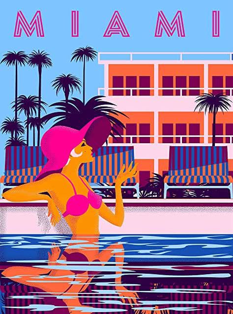 Amazon.com: A SLICE IN TIME - 12 Inches & Under Woman Sunbathing, Art Deco Posters Prints, Miami Posters, Miami Nights, Miami Art Deco, Travel Wall Decor, Wall Art Frame, Art Deco Poster, Deco Poster