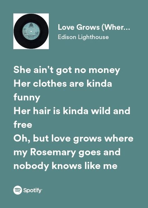 edison lighthouse love grows spotify lyrics Love Grows Edison Lighthouse, Love Grows Where My Rosemary Goes, Spotify Journal, Summer Song Lyrics, Rachel Elizabeth Dare Aesthetic, Summer Lyrics, Rachel Elizabeth Dare, Music Collage, Summer Songs