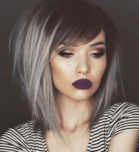 Medium Black Hair With Gray Balayage                                                                                                                                                                                 More Blond Cenușiu, Bob Hair Color, Bob Hairstyles With Bangs, Silver Hair Color, Emo Hair, Blonde Bobs, Grey Hair, Hair Today, Great Hair