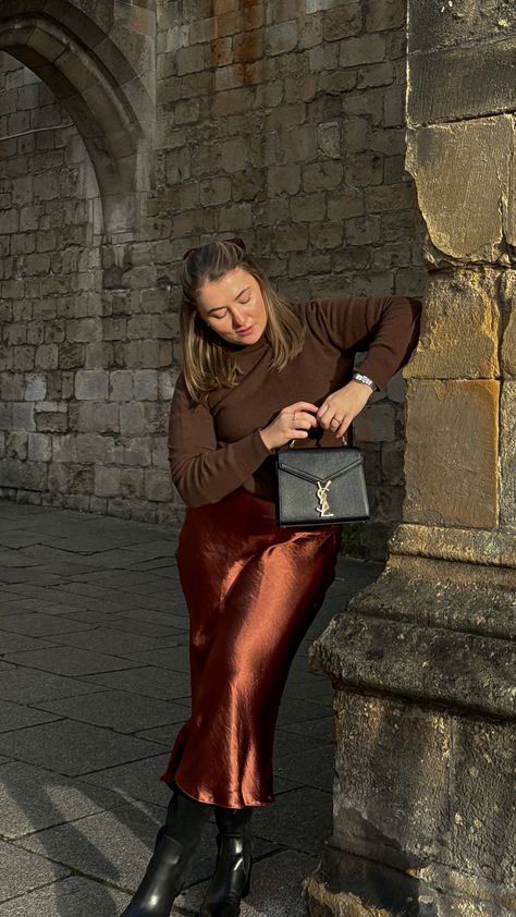 Silk slip skirt styling Orange Skirt Outfit Winter, Burnt Orange Skirt Outfit, Orange Skirt Outfit, Betty Cardigan, Burnt Orange Skirt, Skirt Styling, Silk Slip Skirt, Winter Skirt Outfit, Orange Skirt