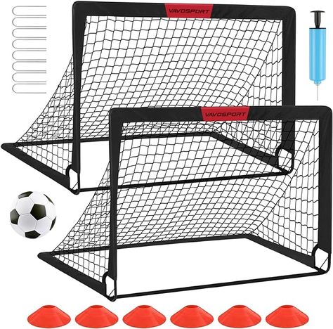 ⚽【Complete & Valuable Soccer Goals Set】The VAVOSPORT Soccer Net Set is the most complete soccer set on the market. It has 2 easy-fold kids' soccer goals, 1 std size 3 soccer ball, 1 inflation pump, 6 cones, 8 U-shaped heavy-duty ground nails and 1 carrying bag. One soccer set for everything you need to develop your child into a little athlete, allowing your kids to have their "own" net to score a goal on! ⚽【Quality & Durability Above All Else】2 set of 4' x 3' portable soccer goals both made Kids Soccer Goal, Toddler Soccer, Soccer Training Equipment, Soccer Net, Soccer Fan Gifts, Soccer Goals, Goal Net, Youth Games, Soccer Fan