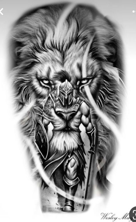 Spartan Warrior Tattoo Gladiators, Lion Warrior Tattoo Design, Lion Gladiator Tattoo Design, Warrior Half Sleeve Tattoo Men, Lion And Warrior Tattoo, Lion With Warrior Tattoo Design, Scared Lion Tattoo, Spartan Warrior Lion Tattoo, Shaded Lion Tattoo