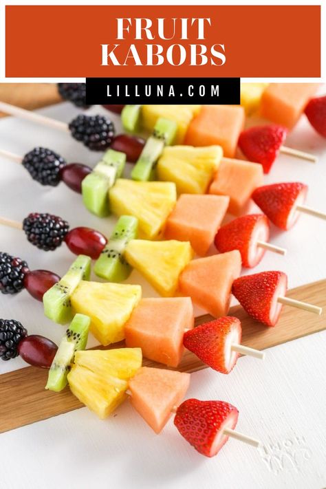 Colorful fruit kabobs are the best appetizer or side for any occasion! Load up your favorite fruits and get snacking. #fruitkabobs #fruit #kabobs #appetizer #partyrecipes Halloween Skewers, Kabobs For Party, Fruit Kabobs For Party, Nutella Fruit Dip, Cheesecake Fruit Salad, Fruit Buffet, Creamy Pasta Bake, Veggie Cups, Best Appetizer