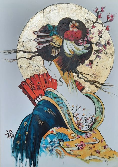 Canvas Wallpaper, Geisha Art, Beautiful Art Paintings, Painting Lessons, Romantic Art, Japanese Prints, Mirror Art, Painting Art Projects, Chinese Painting