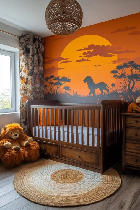 Nursery Ideas Lion King, Lion King Baby Room Ideas Themed Nursery, Lion King Bedroom Ideas Kids, Lion King Nursery Boy, The Lion King Nursery, Baby Room Set Up, Baby Room Animal Theme, Boy Nursery Theme Ideas, Up Nursery Theme