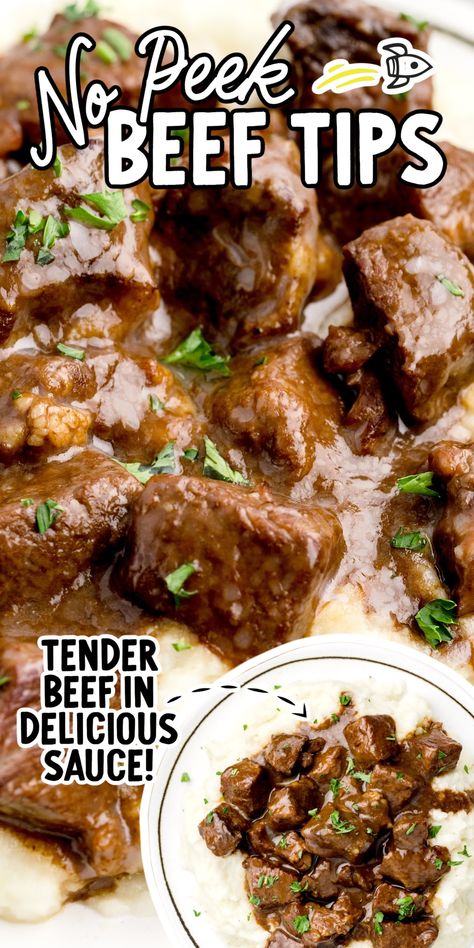 No Peak Beef Stew Recipes, Beef Tip Recipes Stove Top, How To Cook Beef Tips On Stove, Tender Beef Tips, Best Steak Tips Recipe, Beef Tips Mushrooms And Onions, Dinner Ideas With Stewing Beef, No Peeking Beef Tips, No Peak Steak Tips Oven