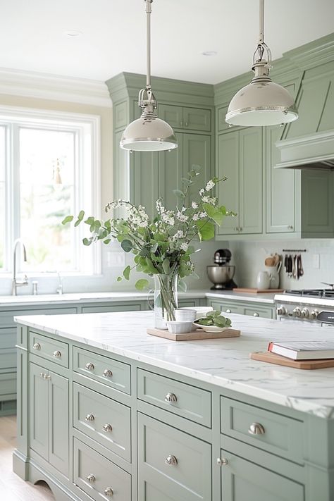 50+ Serene Kitchens with Sage Green Cabinets Sage Green Kitchen Walls White Cabinets, Light Green Kitchen Cabinets, Cream Kitchen Ideas, Unique Kitchen Ideas, Sage Green Kitchen Walls, Sage Green Cabinets, Light Green Kitchen, Green Kitchen Walls, Sage Kitchen