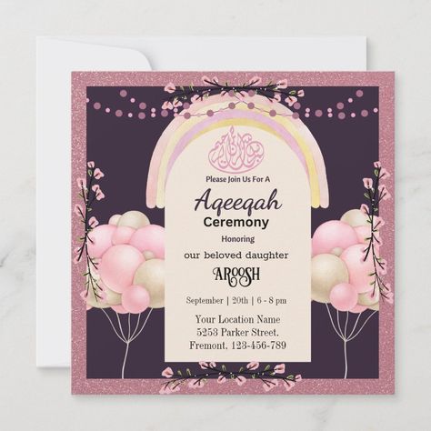 Pink Glitter Aqeeqah- Aqiqah- Muslim Invitation Aqiqah Invitation Cards, Aqiqah Card Design, Aqeeqah Party Ideas, Aqeeqah Invitation Card, Aqiqah Ceremony, Ceremony Ideas, Fancy Shoes, Kids Entertainment, Invitation Card