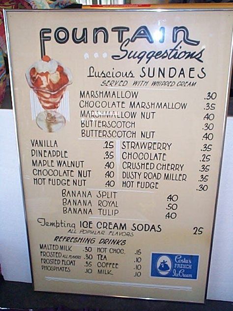 French Ice Cream, Diner Menu, 50s Diner, Soda Shop, Vintage Diner, Vintage Menu, Retro Diner, American Diner, Chocolate Marshmallows