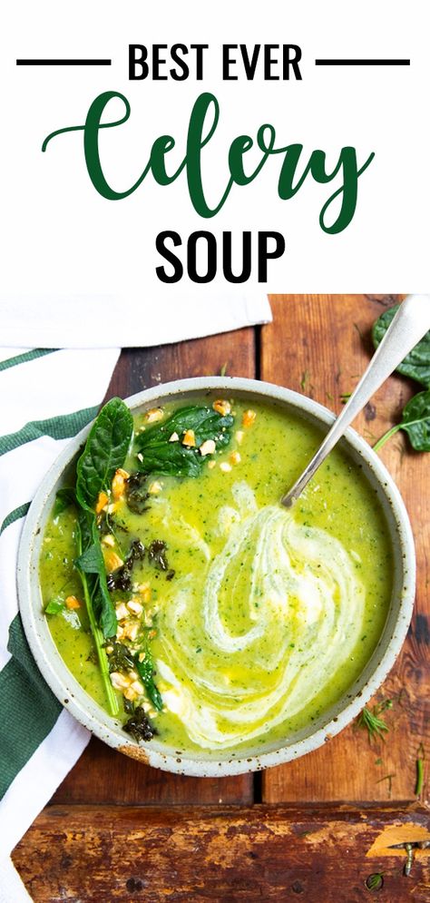 Creamy Celery Soup Recipe | Vegan - Just Easy Recipes Vegan Recipes With Celery, Celery Cream Soup, Creamy Celery Soup, Sauteed Celery Recipes, Celery Soup Recipes Healthy, Celery Soup Vegan, Celery Soup Instant Pot, Chinese Celery Recipes, Vegan Celery Soup