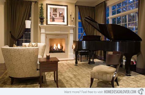 15 Grand Piano Set-ups in Traditional Living Rooms | Home Design Lover Piano Room Design, Grand Piano Living Room, Grand Piano Room, Piano Room Decor, Piano Living Rooms, Traditional Design Living Room, Piano Decor, Piano Room, Small Room Design