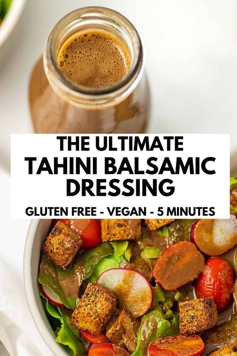 Tahini Balsamic Dressing is creamy, tangy, and easy to make with simple ingredients in just 5 minutes. It's also oil-free, whole food plant-based, Whole30 compliant, vegan, gluten-free, and dairy-free, making it a versatile choice for meal prep or any occasion. Oil Free Balsamic Dressing, Balsamic Tahini Dressing, Tahini Dressing Salad, Olive Dressing Recipe, Vegan Tahini Dressing, Whole 30 Salads, Vegan Dressings, Salad With Tahini Dressing, Oil Free Salad Dressing