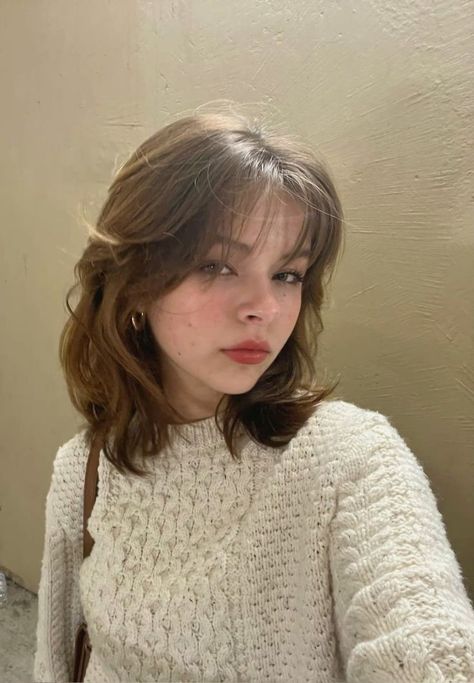 Layered Haircut With Bangs Short, Below Shoulder Haircut With Bangs, Circle Head Haircut, Haircut Ideas With Wispy Bangs, Short Haircut Wispy Bangs, Short Hairstyle Wispy Bangs, Medium Short Hair Thick Hair, Wispy Bangs With Short Layers, Bangs Inspo Round Face