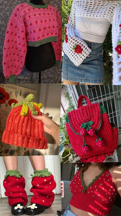 Strawberry crochet outfit inspo Strawberry Milk Aesthetic Outfits, Strawberry Aesthetic Fashion, Crochet Strawberry Clothes, Strawberry Crochet Projects, Strawberry Outfit Ideas, Strawberry Themed Outfit, Crochet Strawberry Sweater, Strawberry Aesthetic Outfit, Strawberry Outfit Aesthetic