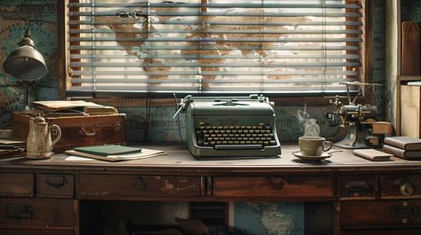 "Vintage Writer's Desk: #RetroWorkspace set with a #ClassicTypewriter, #LibraryCorner, and a cup of coffee awaiting inspiration. #OldSchoolCharm #NostalgicVibes #aiart #aiphoto #stockcake ⬇️ #Download and #WritingPrompt 👉 https://stockcake.com/i/vintage-writers-desk_499544_1139200" Writer Desk, Writer's Desk, Writing Nook, Library Corner, Writers Desk, Water Architecture, Classic Window, Antique Typewriter, Vintage Writing