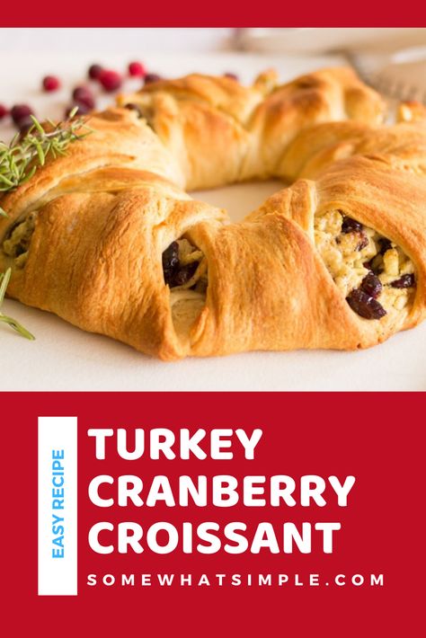 These turkey cranberry croissant wreaths are a festive and delicious way to enjoy the Thanksgiving season. They're made with turkey, fresh cranberries and other delicious ingredients all wrapped up in a warm croissant wreath. This is a perfect recipe for any turkey leftover from Thanksgiving dinner. via @somewhatsimple Recipes With Croissants, Croissant Wreath, Turkey Croissant, Food Wreath, Leftover Turkey Casserole, Croissant Roll, Thanksgiving Casserole, Cranberry Turkey, Turkey Cranberry