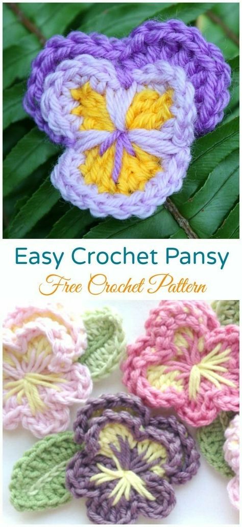 Crochet Pansy, Crochet Roses, Flowers Easy, Crochet Flowers Free Pattern, Pansy Flower, Crocheted Flowers, Crochet Leaves, Crochet Daisy, Crochet Hats Free Pattern