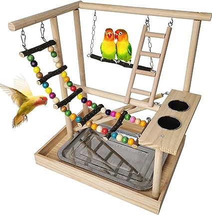 Hamiledyi Parrots Playground, Bird Play Gym Wood Perch Stand Colours Climb Ladders Swing Chewing Toys with Parakeet Feeding Cups Exercise Activity Center for Conure Cockatiel Lovebirds(Include a Tray) Bird Play Gym, Parrot Play Stand, Exercise Activities, Bird Stand, Activity Center, Play Gym, Bird Supplies, Wood Bird, Bird Perch