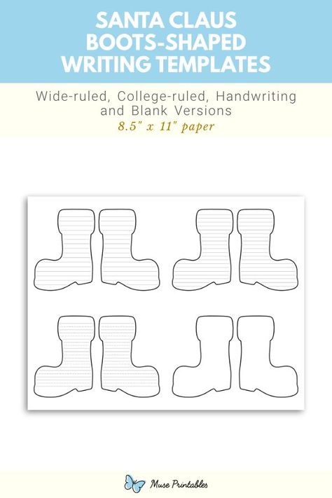 Free printable Santa Claus boots-shaped writing templates. This PDF download includes wide ruled, narrow ruled, handwriting, and blank versions. Download the templates at https://museprintables.com/download/writing-template/santa-claus-boots-shaped/ Infant Projects, Printable Santa Claus, Writing Paper Template, Handwriting Lines, Writing Template, Lined Writing Paper, Writing Templates, Paper Template, Writing Paper