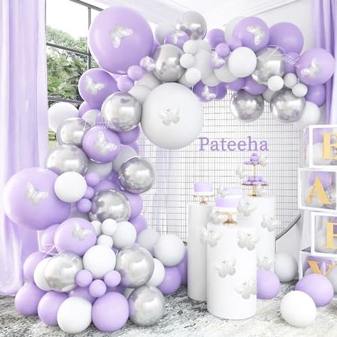 White Silver Balloon Arch, Purple Baby Shower Decorations, Purple Balloon Arch, Silver Balloon Arch, Bridal Shower Purple, Purple Baby Shower, Purple Balloon, Baby Shower Purple, Butterfly Stickers