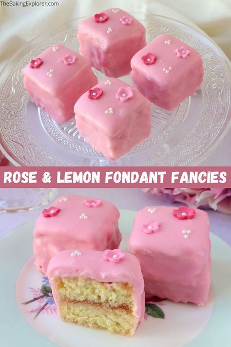 Recipe for Rose & Lemon Fondant Fancies - mini small lemon cakes with rose buttercream and pink fondant. Perfect for afternoon tea, baby showers and Mother's Day #thebakingexplorer #fondantfancies #petitfours #afternoontea #mothersday #babyshower Wedding Petit Fours, Pourable Fondant, Fondant Fancy, Fondant Fancies, Afternoon Tea Ideas, Rose Buttercream, Genoise Sponge, Cupcakes Fondant, Lemon Cakes