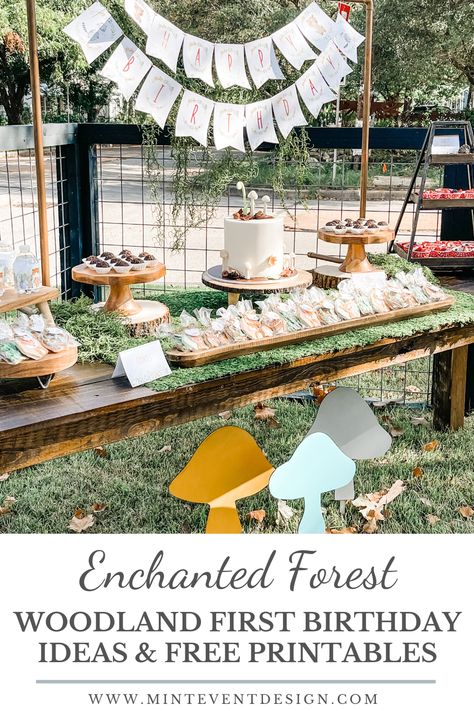 This Enchanted Forest Woodland First Birthday Party is the perfect cozy and cute celebration! Get dessert table ideas, table setting ideas, drink table ideas and more from event designer Carolina of MINT Event Design in Austin, TX at www.minteventdesign.com. Woodland Party Diy Decorations, Enchanted Forest Birthday Party Boy, Mystical Forest Birthday Party, Enchanted Forest 40th Birthday, Woodland Fairy Party Table, Forest Theme Birthday Aduly, Woodland Fairy Birthday Party, Enchanted Forest Birthday Party, Party Cake Table