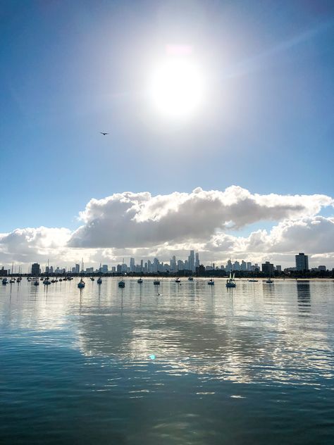 View of the city in the distance from the st kilda pier Aesthetic Melbourne, Melbourne Aesthetic, St Kilda Melbourne, Landscape Aesthetic, Melbourne Travel, Melbourne Beach, Melbourne City, City Photos, Aesthetic Board