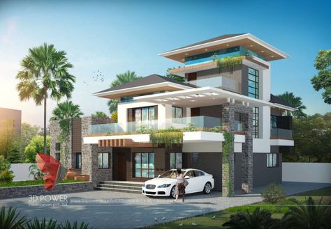 3D Power Visualization Pvt Ltd , Asia's most recognized 3D architectural visualization company. 3D power has served 30000+ clients since 2001, We have helped... Modern Bungalow Exterior, Home Designs Exterior, Ultra Modern Homes, Design Visual, Modern Architecture Building, Bungalow Exterior, Modern Exterior House Designs, Bungalow Design, Modern Bungalow