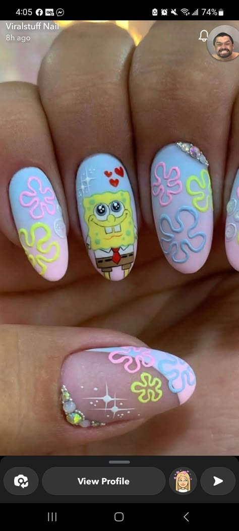 Spong Bob Nails, Spongebob Short Nails, Patrick Nails Spongebob, Spongebob Themed Nails, Sponge Bob Nail Art, Spongebob And Patrick Nails, Nail Spongebob, Baby Shark Nails, Patrick Star Nails