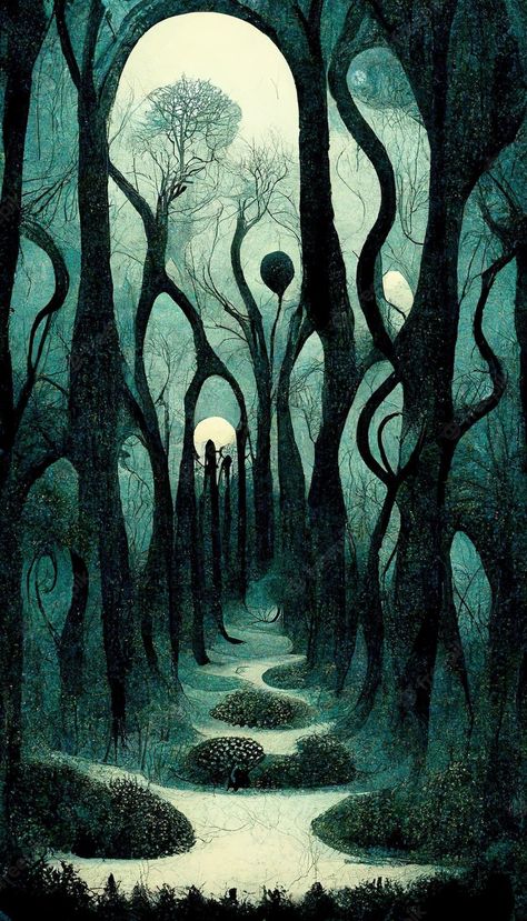 Creepy Woods Drawing, Magical Woods Illustration, Rachel Morgan Hollows, Dark Tree Painting, Spooky Tree Illustration, Nostalgia Art Illustration, Dark Woodland Aesthetic, Trees Aesthetic Drawing, Spooky Forest Art