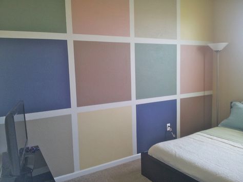 squares accent wall - bedroom Accent Wall Squares, Bedroom Harry Potter, Asian Paint Design, Harry Potter Bedroom Decor, Bedroom Accent Wall, Color Squares, Harry Potter Bedroom, Asian Paints, Garage Conversion