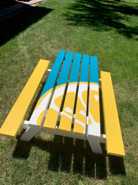 Picnic Table Painting Ideas, Painted Picnic Table, Table Painting Ideas, Painted Picnic Tables, Picnic Table Makeover, Painted Tables, Table Painting, Diy Picnic Table, Kids Picnic Table