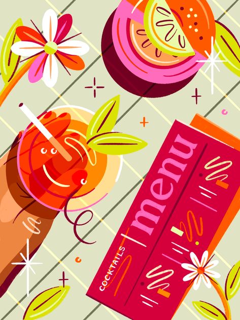 Happy Hour Illustration, Graphic Design Artists, Drinks Graphic Design, Alcohol Graphic Design, Cocktail Illustration Graphic Design, Illustration Styles Inspiration, Cocktail Graphic Design, Fruit Illustration Design, Cocktail Branding