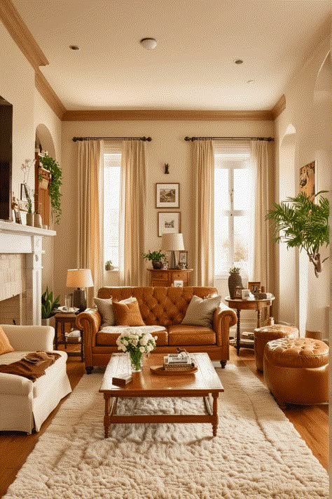 Cognac Couches Living Room, Tan Wall Colors For Living Room, Traditional Living Room Brown Couch, Cream Brown Gold Living Room, Tan Rooms, How To Style A Brown Leather Couch, Tan Leather Sofa Living Room Ideas, Tan Furniture Living Room, Light Brown Leather Couch Living Room