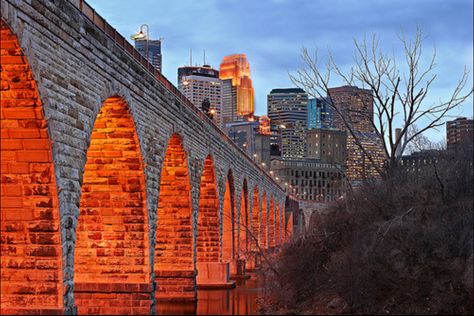 Stone Arch Bridge, Minneapolis Stone Arch Bridge Minneapolis, Date Night Activities, Stone Arch Bridge, Misty Lake, Stairs And Doors, Downtown Minneapolis, Night Activities, Minnesota Home, Arch Bridge