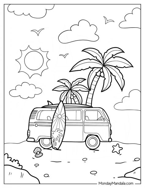 Hawaii Coloring Pages Free Printable, Summer Coloring Pages For Adults, Summer Colouring Pages, Summer Coloring Pages Free Printable, Summer Coloring Sheets, Colouring Wall, Sunflower Coloring Pages, Beginner Drawing Lessons, Beach Coloring Pages