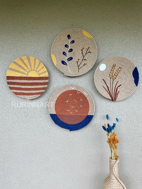 All products are completely hand-wrapped and hand-painted with acrylic paint. 
With the wicker fabric on the back, the plates are given durability and elegance.
 
There is no doubt that you will hang it on your wall with pleasure.
You can create your bohemian style in any corner of your home, or you can gift it to someone you love, it will definitely be a very stylish gift :) Wicker Wall Baskets, Basket Art, African Wall Baskets, Bohemian Style Interior, African Basket, Cool Coasters, Wall Baskets, Wall Decor Boho, Wicker Wall