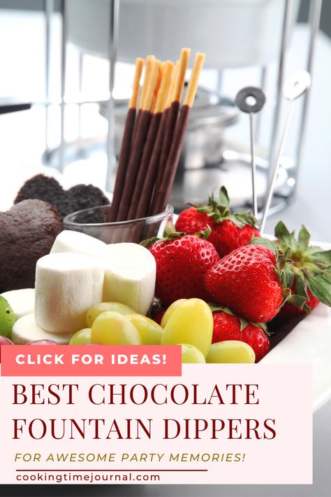 Choc Fountain Ideas, What To Dip In Chocolate Fountain, Chocolate Fountain Ideas Parties, Chocolate Fountain Dippers, Chocolate Fountain Charcuterie Board, Things To Dip In Chocolate Fountain, Chocolate Fountain Bar Display, Fondue Dipping Ideas, Chocolate Fountain Bar Ideas