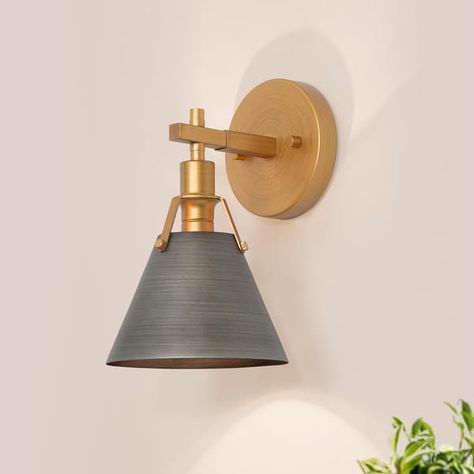 Modern 1-Light Gold Armed Wall Sconces Vanity Light for Bathroom Bedroom Hallway - D 7.5" x H 10" - On Sale - Bed Bath & Beyond - 32782989 Kitchen Sconces Over Sink, Lodge Design Ideas, Kitchen Sconces, Wall Sconces Bathroom, Hallway Staircase, Lodge Design, Rustic Wall Lighting, Brass Vanity Light, Sink Lights