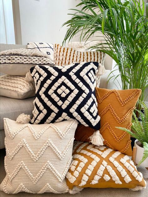 Colorful Apartment Aesthetic, Beige Couch Pillows, Tufted Pillows, Carpet Store, Beige Couch, Aztec Decor, Colorful Apartment, Sage Green Bedroom, Flat Decor