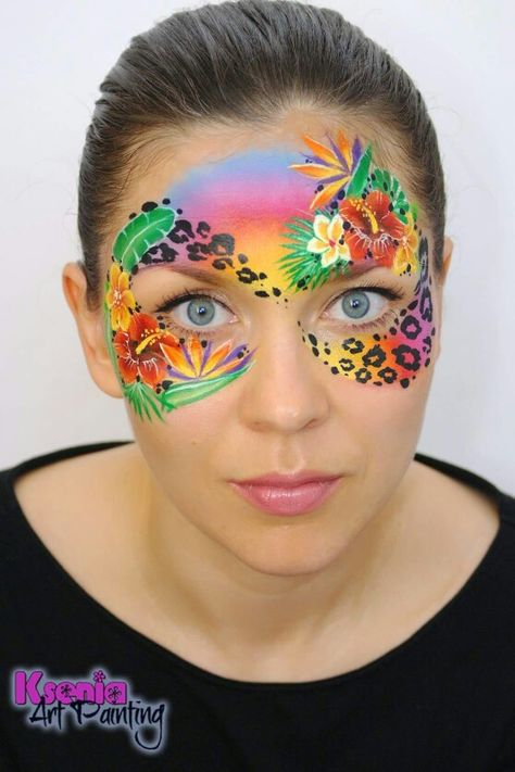 Tropical Hawaiian Face Paint, Easter Face Paint, Face Painting Flowers, Painting For Children, Face Step By Step, Kitty Face Paint, Uv Makeup, Face Painting Tips, Jungle Painting