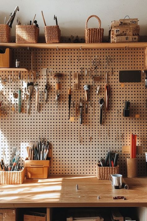 Organize your workspace with a custom DIY pegboard! Perfect for easy access and tool storage in any workshop. #ToolStorage #DIYOrganization #WorkshopIdeas Wall Storage Art Supplies, Diy Tool Pegboard, Pegboard Ideas Tools, Pegboard Shed Organization, Scene Shop Organization, Home Tool Organization, Workshop Pegboard Organization, Peg Board Tool Organization, Pegboard Tool Organization