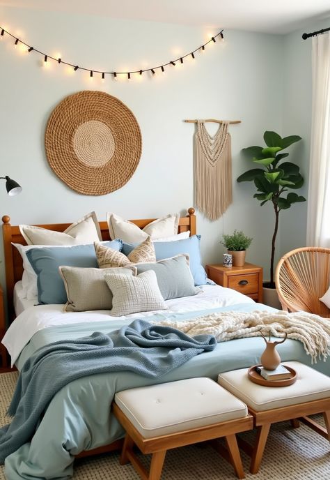 Light Blue Boho Bedroom Boho Chic Bedroom Blue, Blue And White Boho Bedroom, Blue Bedding Bedroom Ideas, Teen Girl Blue Bedroom Ideas, Bedroom Inspo Blue, Teen Boho Bedroom, Blue Ceiling Bedroom, Blue Room Themes, Blue Bedding Bedroom