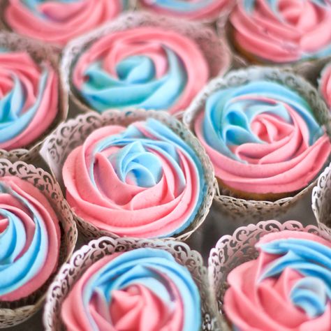 Pink And Blue Icing Cupcakes, Pink Blue Cupcakes, Pink And Blue Food, Pink And Blue Cupcakes Gender Reveal, Gender Reveal Cupcakes Pink And Blue, Pink And Blue Cupcakes, Gender Reveal Cake Pops, Simple Gender Reveal, Gender Reveal Cupcakes