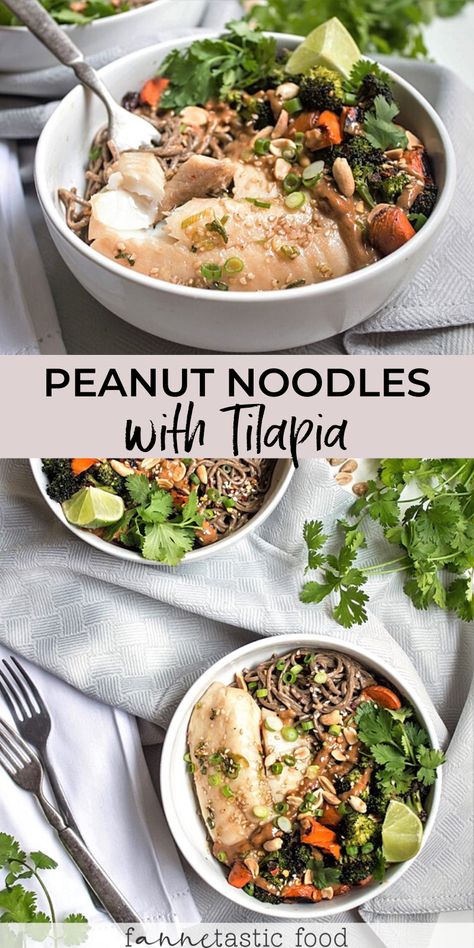 This Thai noodles with peanut sauce and baked tilapia recipe is a delicious lunch idea or easy dinner! A perfect seafood dish with pasta and Asian flavors. #thaifood #peanutsauce #noodles #lunchrecipes #seafood #tilapia Tilapia With Peanut Sauce, Tilapia And Rice Noodles, Asian Tilapia Recipes, Thai Noodles With Peanut Sauce, Basa Fish Recipes, Noodles With Peanut Sauce, Tilapia Recipe, Ground Pork Recipes, Fish Recipes Baked