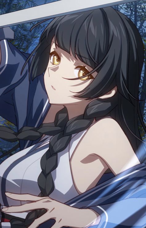 Anime Female Black Hair Yellow Eyes, Lin Zhaoyu Honkai Impact, Black Hair Yellow Eyes Anime, Blue Hair Yellow Eyes, Black Hair Anime Woman, Black Hair Yellow Eyes, Black Long Hair, The Empyrean, Blue Black Hair