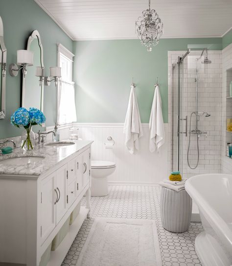 mint-green-bathroom-afb298ef Mint Green Bathroom, Bathroom Tile Combinations, Bathroom Tiles Combination, Tile Combinations, French Country Bathroom, Modern Colonial, Large Bathroom, Bathroom Color Schemes, Spa Like Bathroom